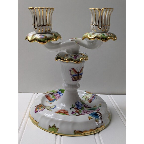 Herend Queen Victoria Green Border Double Candlesticks Set of 2 - Picture 4 of 16